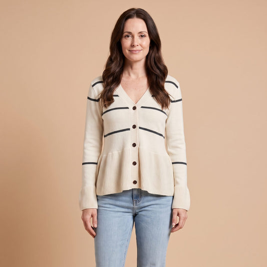 Striped V-Neck Cardigan with Ruffle Hem in White - front view