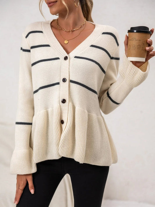 Striped V-Neck Cardigan with Ruffle Hem in White - worn by a model, front view