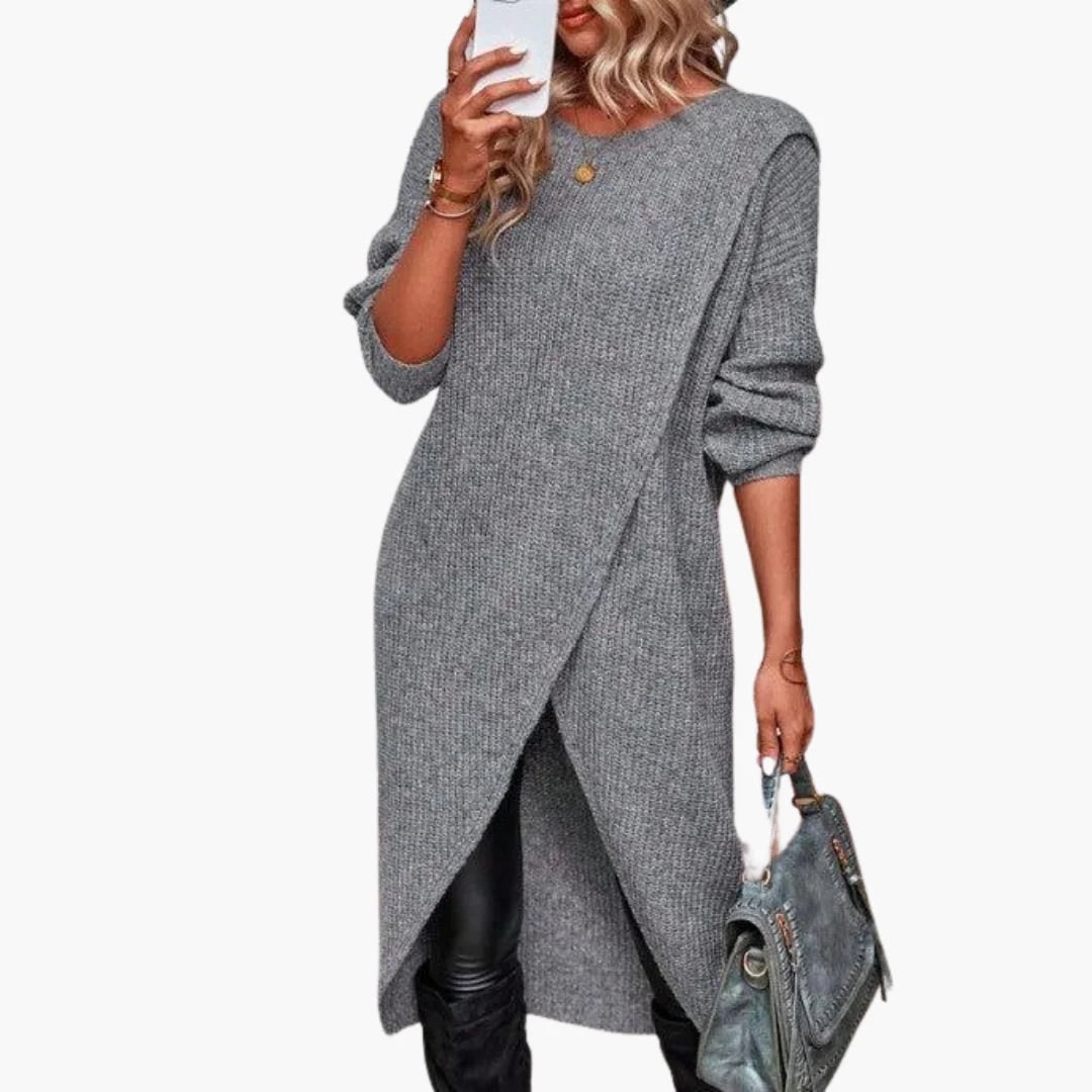 Grey knit sweater dress with wrap front 1