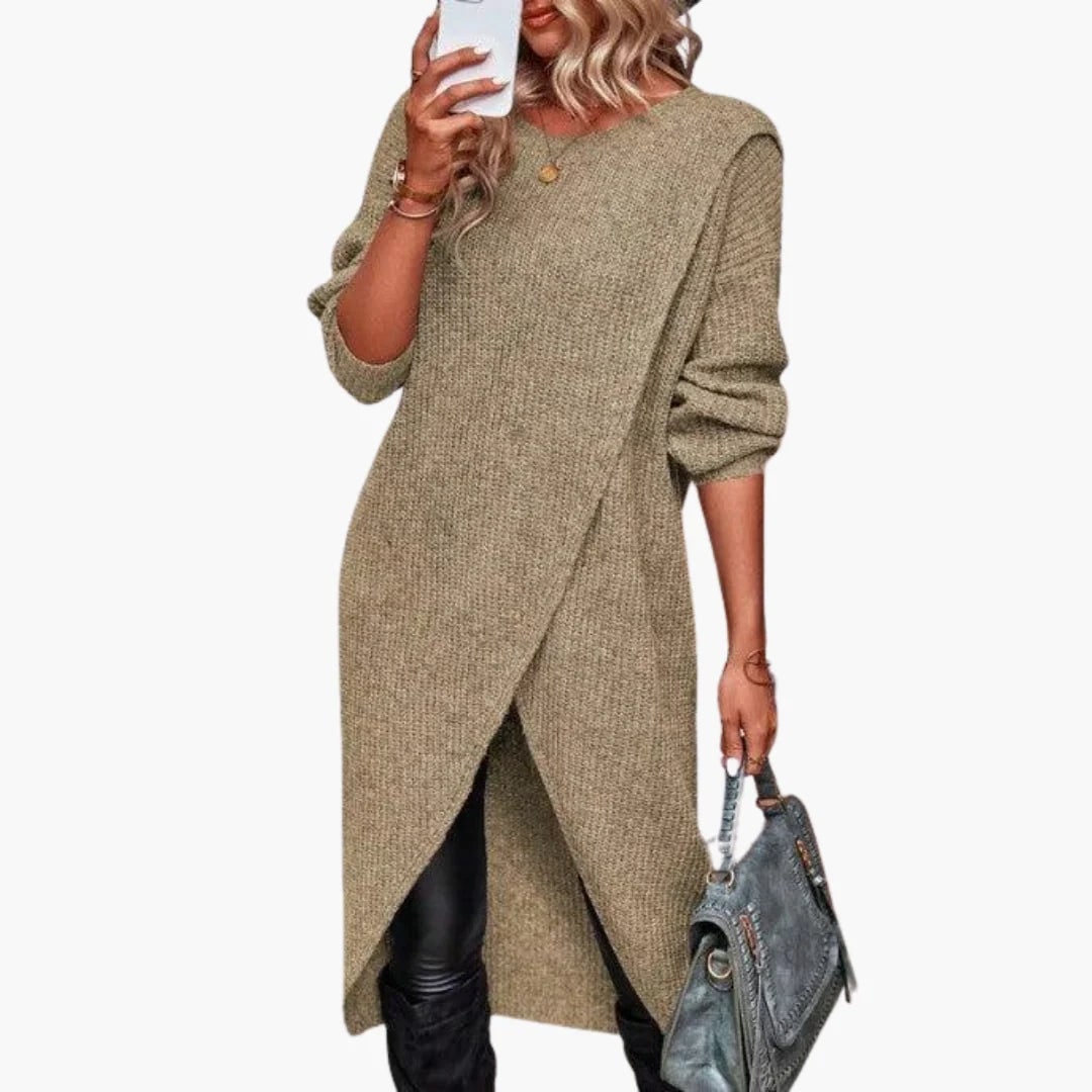 Khaki knit sweater dress with wrap front 6