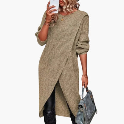 Khaki knit sweater dress with wrap front 6