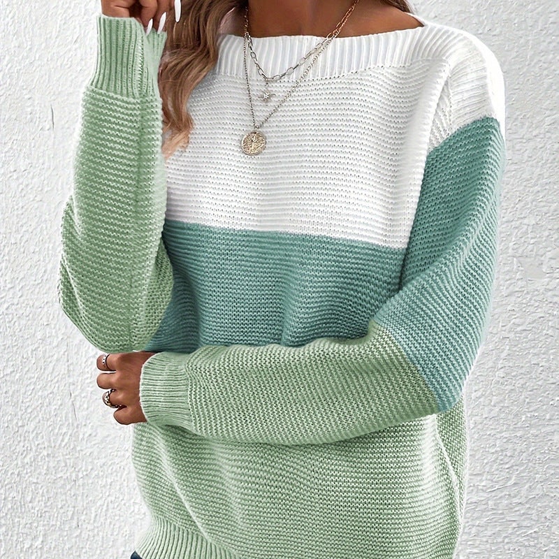 Colour Block Sweater for Women, Wide Crew Neck Knit Pullover 2