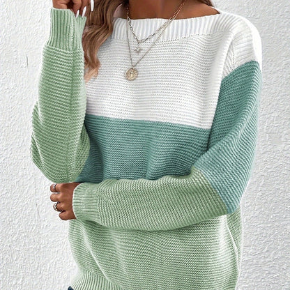 Colour Block Sweater for Women, Wide Crew Neck Knit Pullover 2
