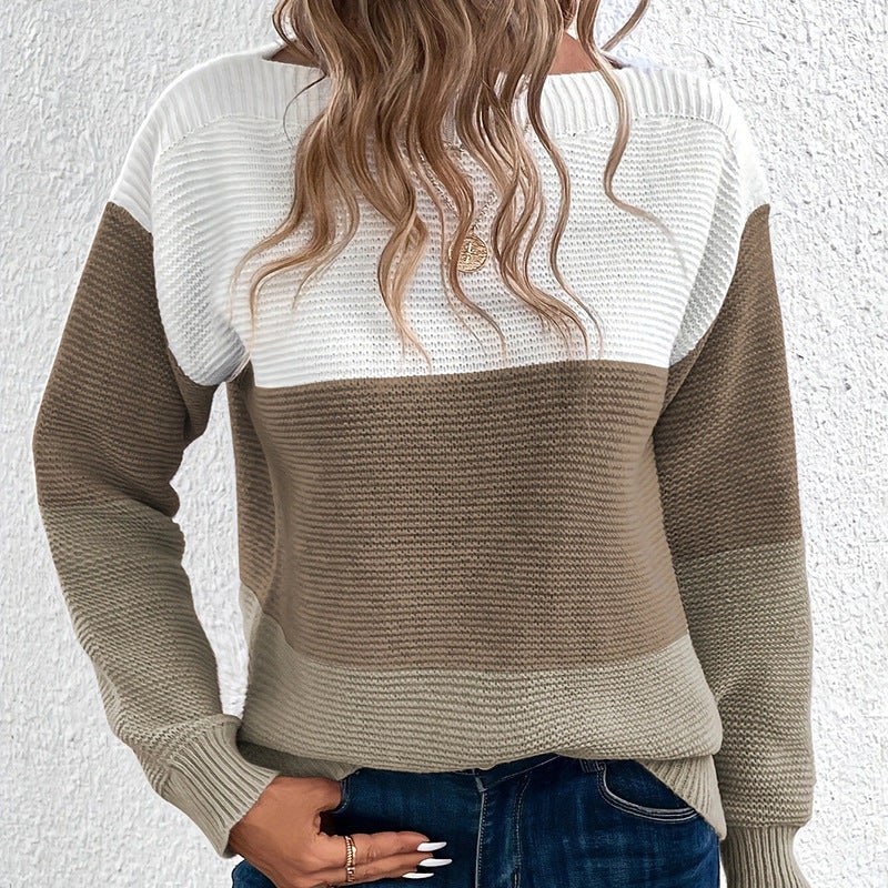 Colour Block Sweater for Women, Wide Crew Neck Knit Pullover 4