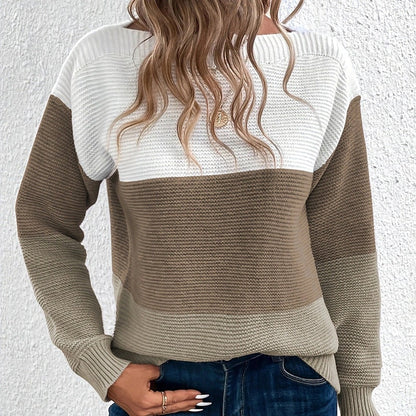 Colour Block Sweater for Women, Wide Crew Neck Knit Pullover 4