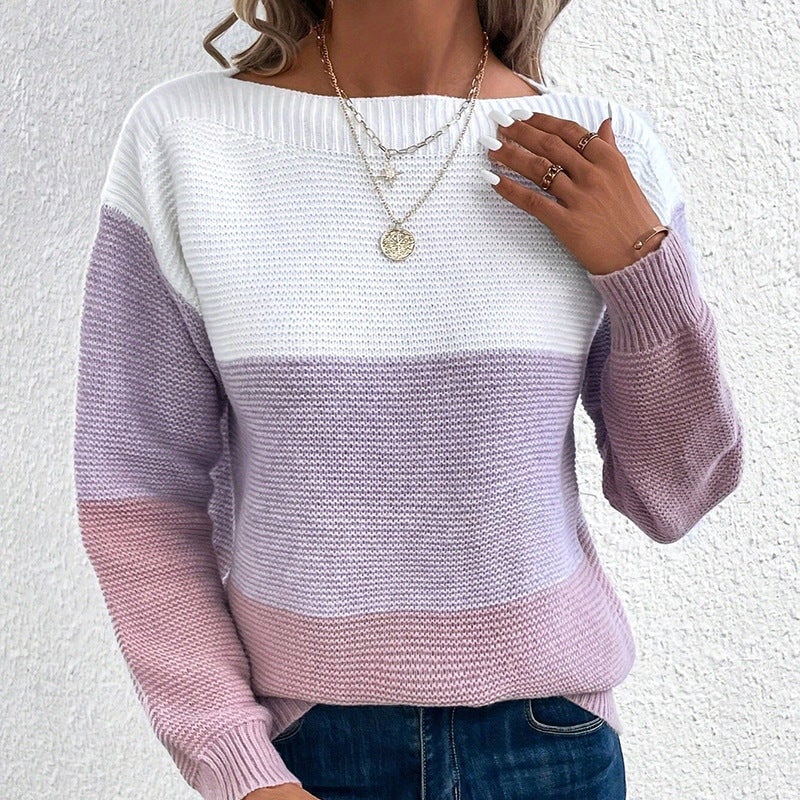 Colour Block Sweater for Women, Wide Crew Neck Knit Pullover 7
