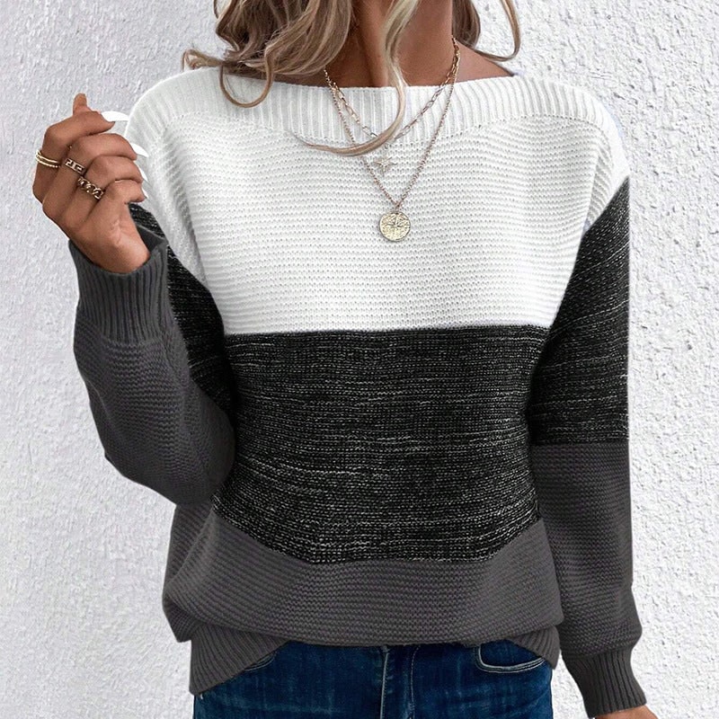Colour Block Sweater for Women, Wide Crew Neck Knit Pullover 8