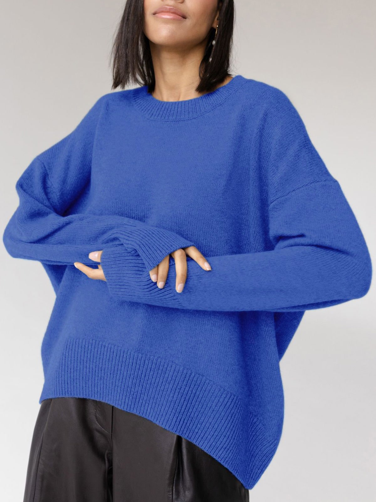Oversized Crew Neck Sweater, Women's Knit Pullover 2