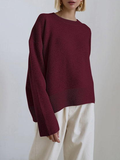 Oversized Crew Neck Sweater, Women's Knit Pullover 3