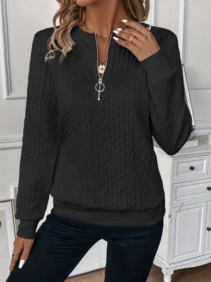 Black textured half zip sweater for women 7
