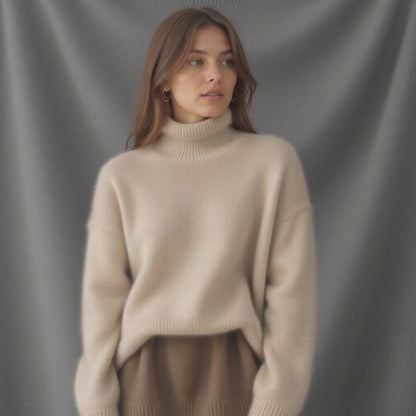 Sydney Oversized Turtleneck in Beige - worn by a model, front view