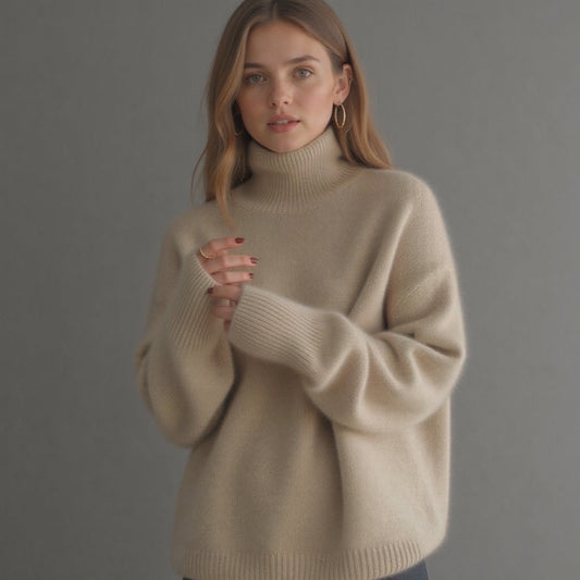 Sydney Oversized Turtleneck in Beige - worn by a model, front view