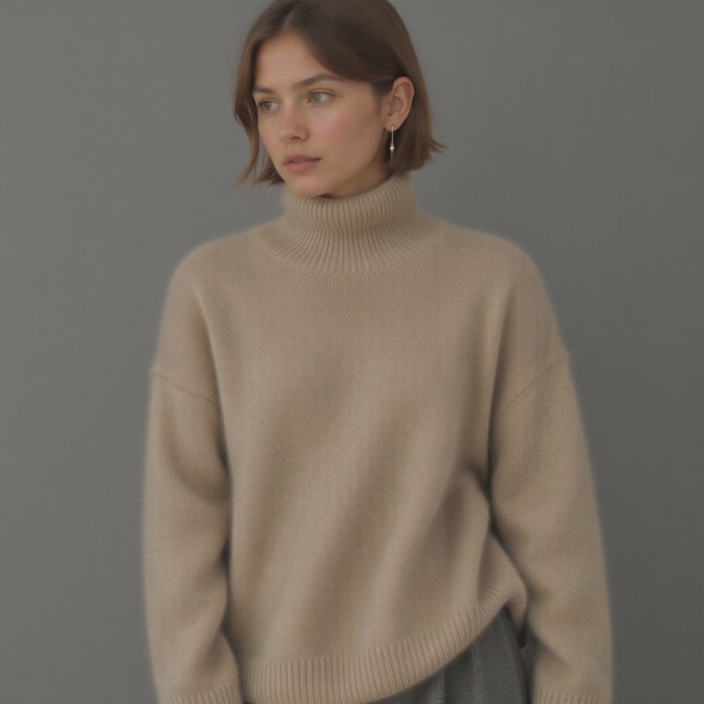 Sydney Oversized Turtleneck in Khaki - worn by a model, front view