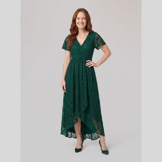 Sylva Pleated Lace Ruffle Gown in Dark Green - worn by a model, front view