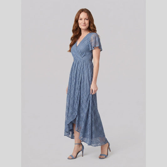 Sylva Pleated Lace Ruffle Gown in Dusty Blue - front view
