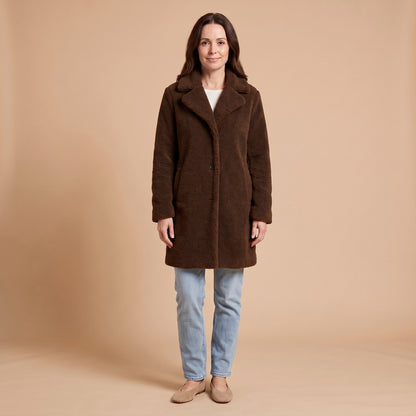 Teddy Coat with Lapel Collar in brown - front view