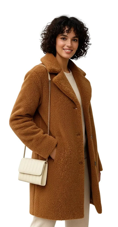 Teddy Coat with Lapel Collar in brown - worn by a model, front view