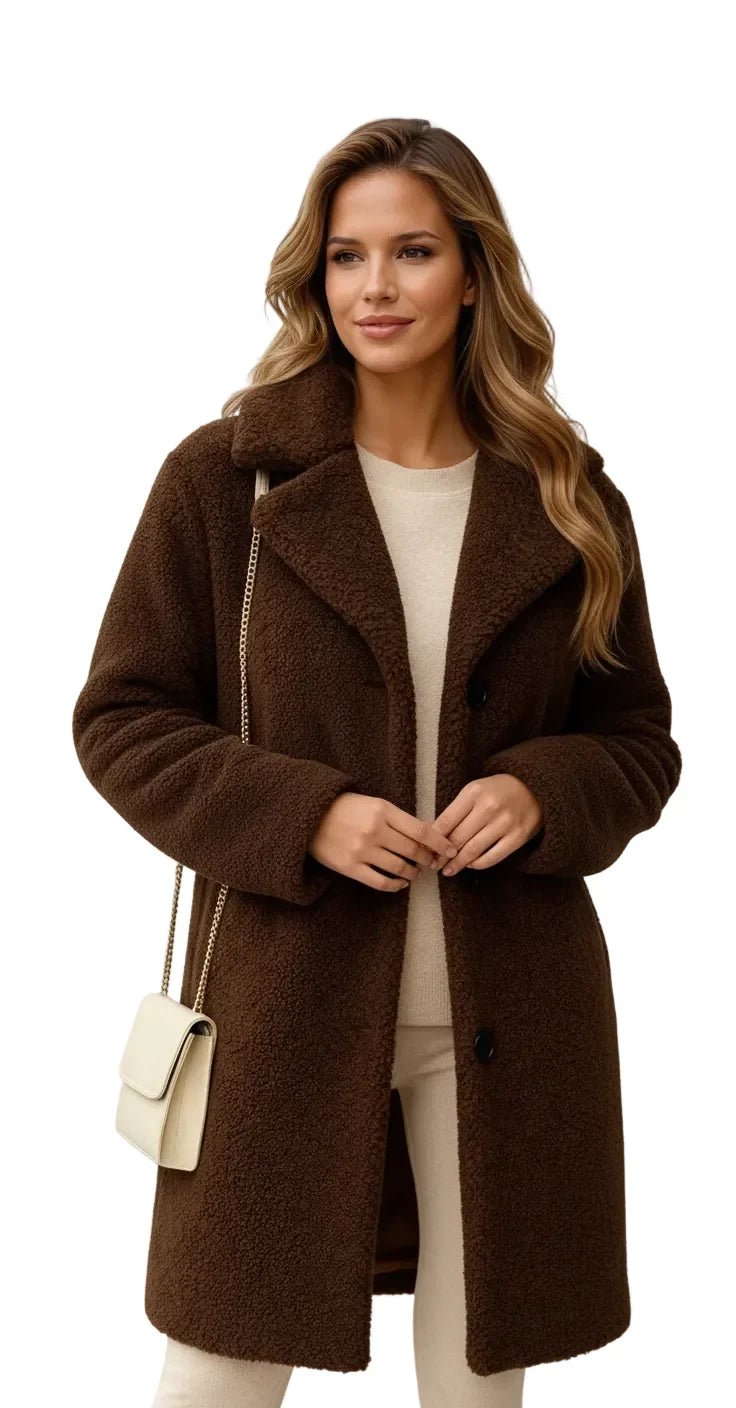 Teddy Coat with Lapel Collar in brown - worn by a model, front view