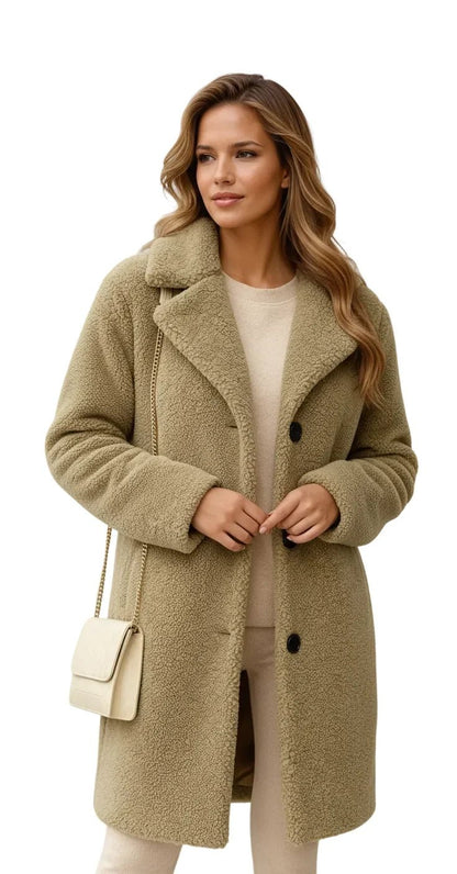 Teddy Coat with Lapel Collar in khaki - worn by a model, front view