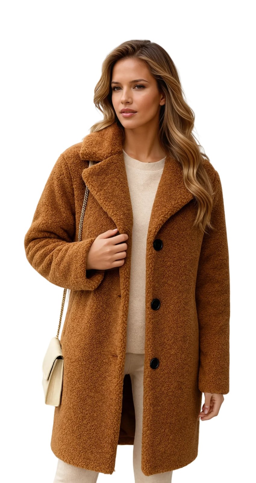 Teddy Coat with Lapel Collar in light brown - worn by a model, front view