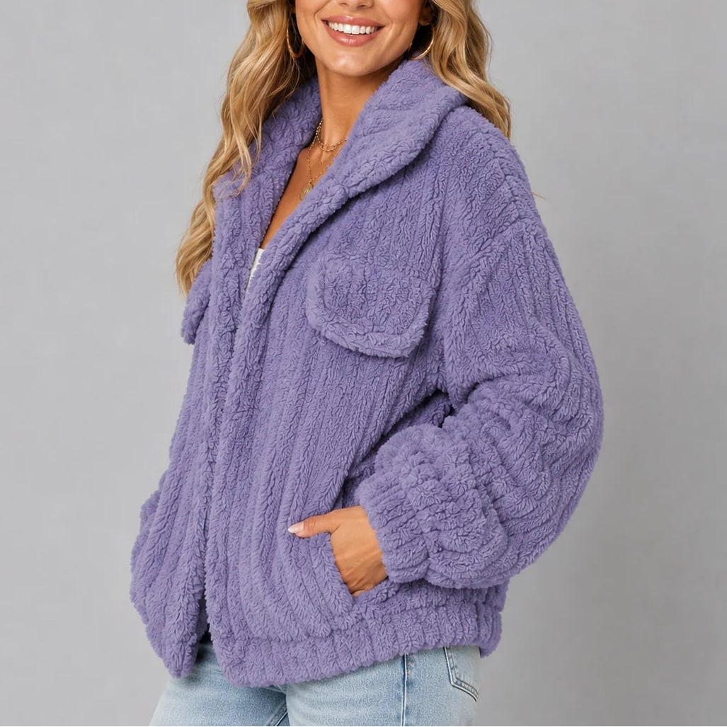 Teddy Fleece Jacket with Wide Collar, Relaxed Fall Jacket 3