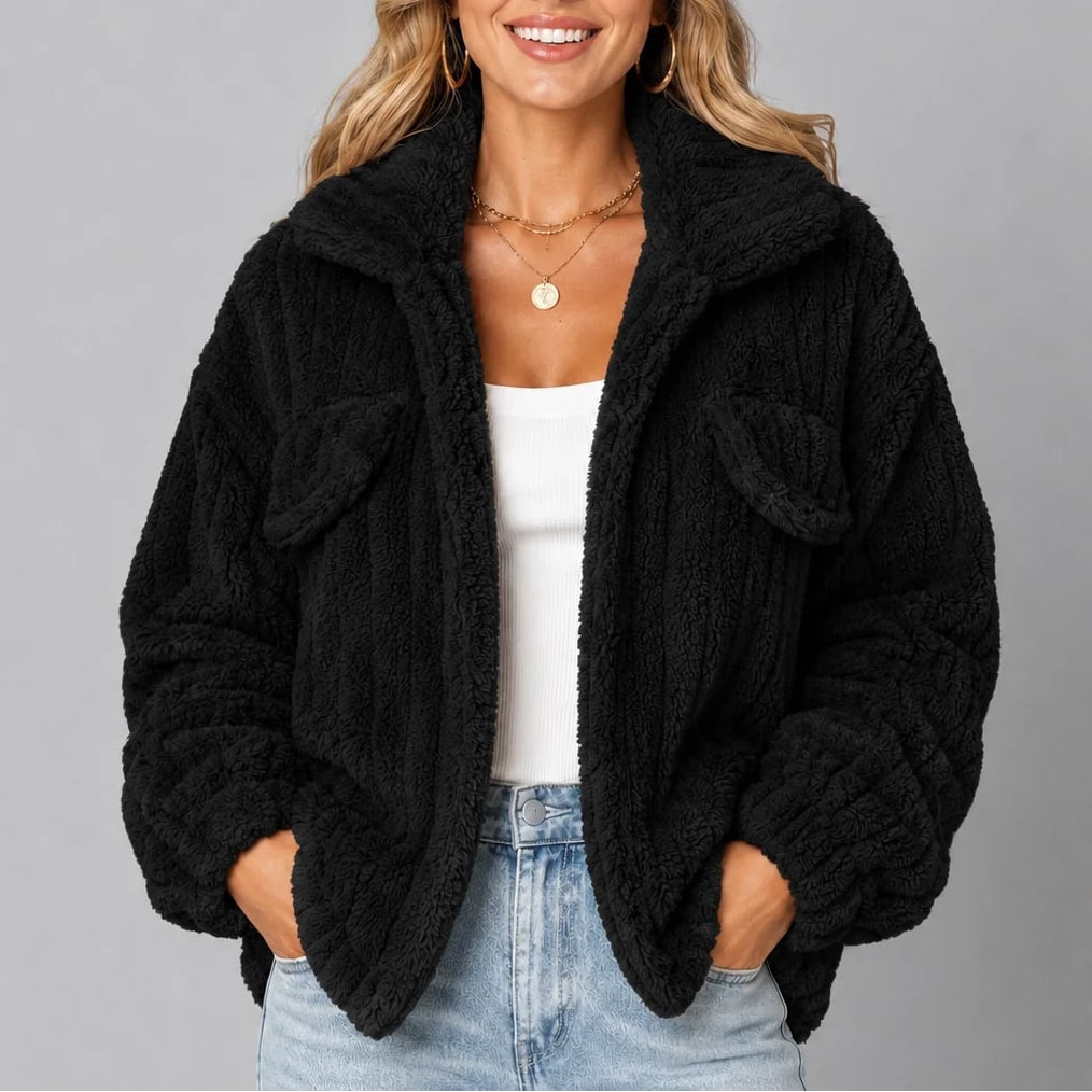 Teddy Fleece Jacket with Wide Collar, Relaxed Fall Jacket 5