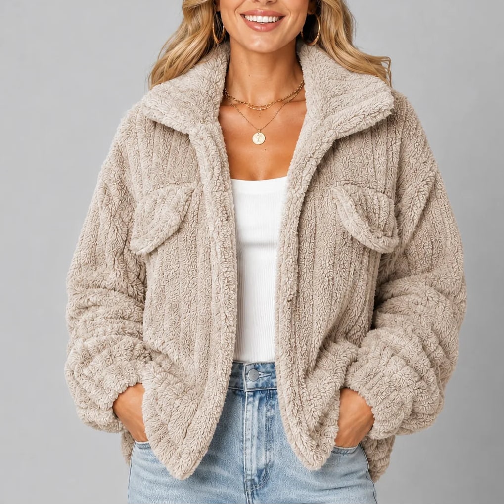 Teddy Fleece Jacket with Wide Collar, Relaxed Fall Jacket 6