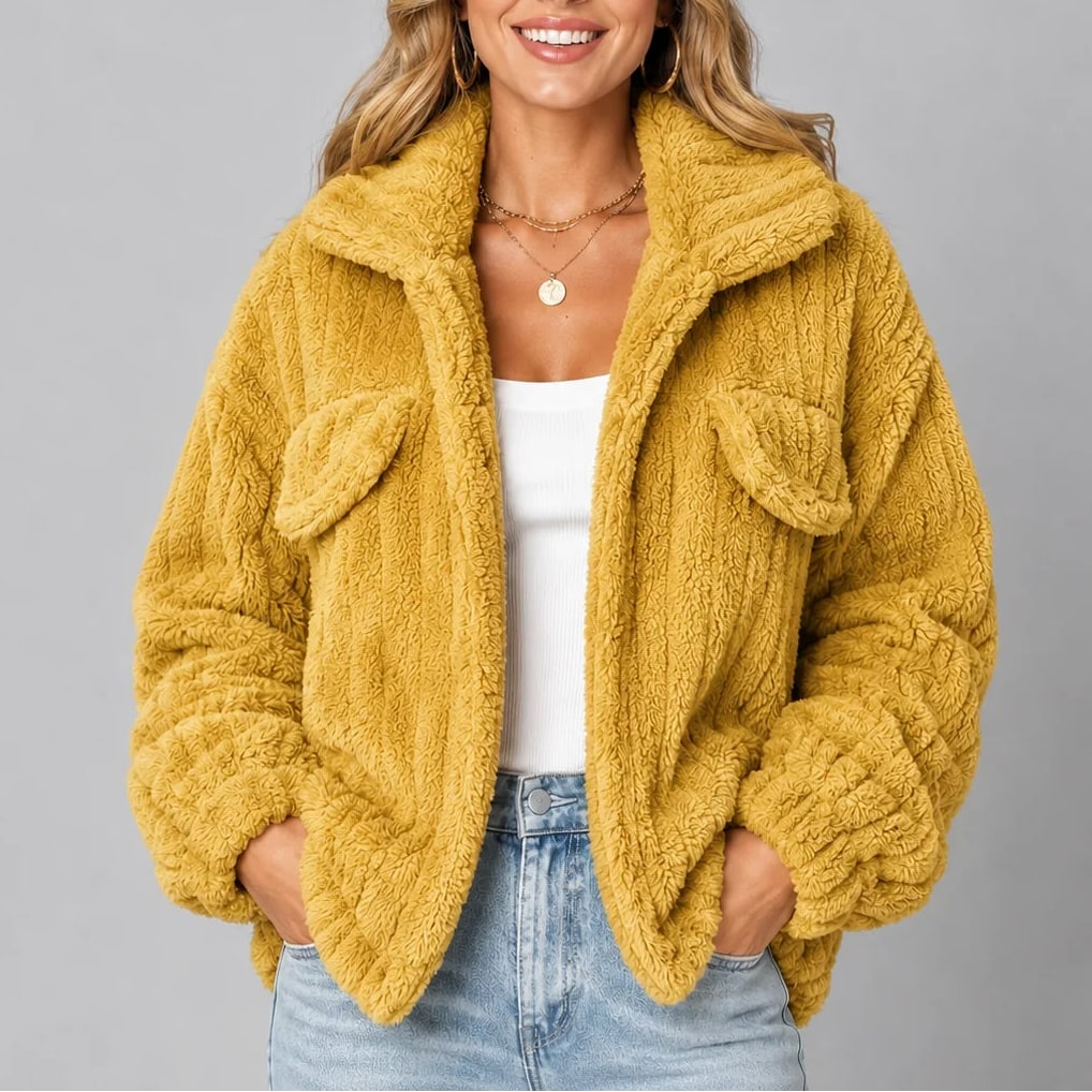 Teddy Fleece Jacket with Wide Collar, Relaxed Fall Jacket 7