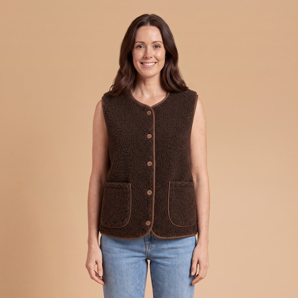 Teddy Fleece Vest with Pockets, Button Up Sleeveless Layer 1