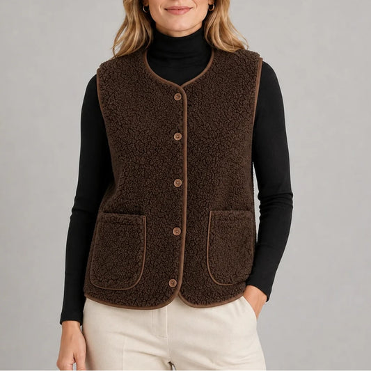 Teddy Fleece Vest with Pockets, Button Up Sleeveless Layer 2