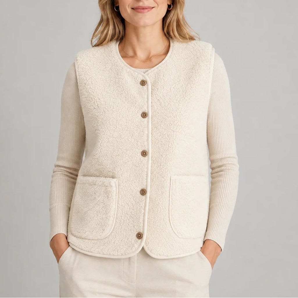 Teddy Fleece Vest with Pockets, Button Up Sleeveless Layer 3