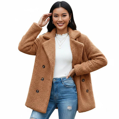 Teddy Letterman Jacket in brown - worn by a model, front view