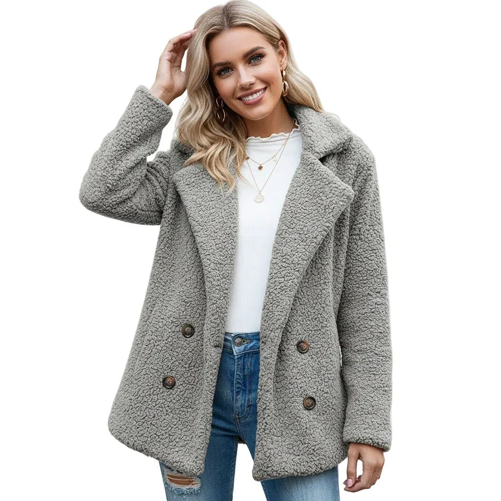 Teddy Letterman Jacket in light gray - worn by a model, front view