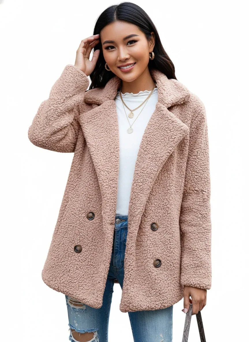 Teddy Letterman Jacket in rose - worn by a model, front view