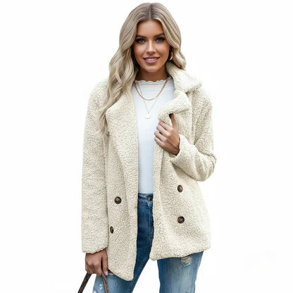 Teddy Letterman Jacket in white - worn by a model, front view