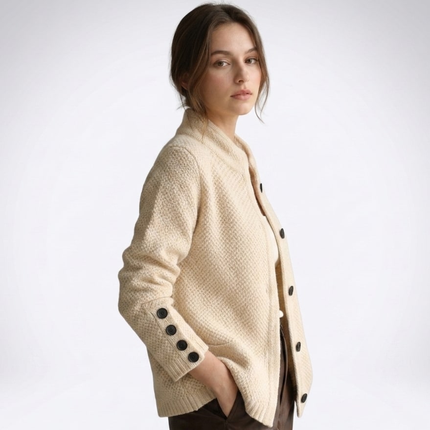 Side view of the beige stand collar cardigan with a hand in the side pocket