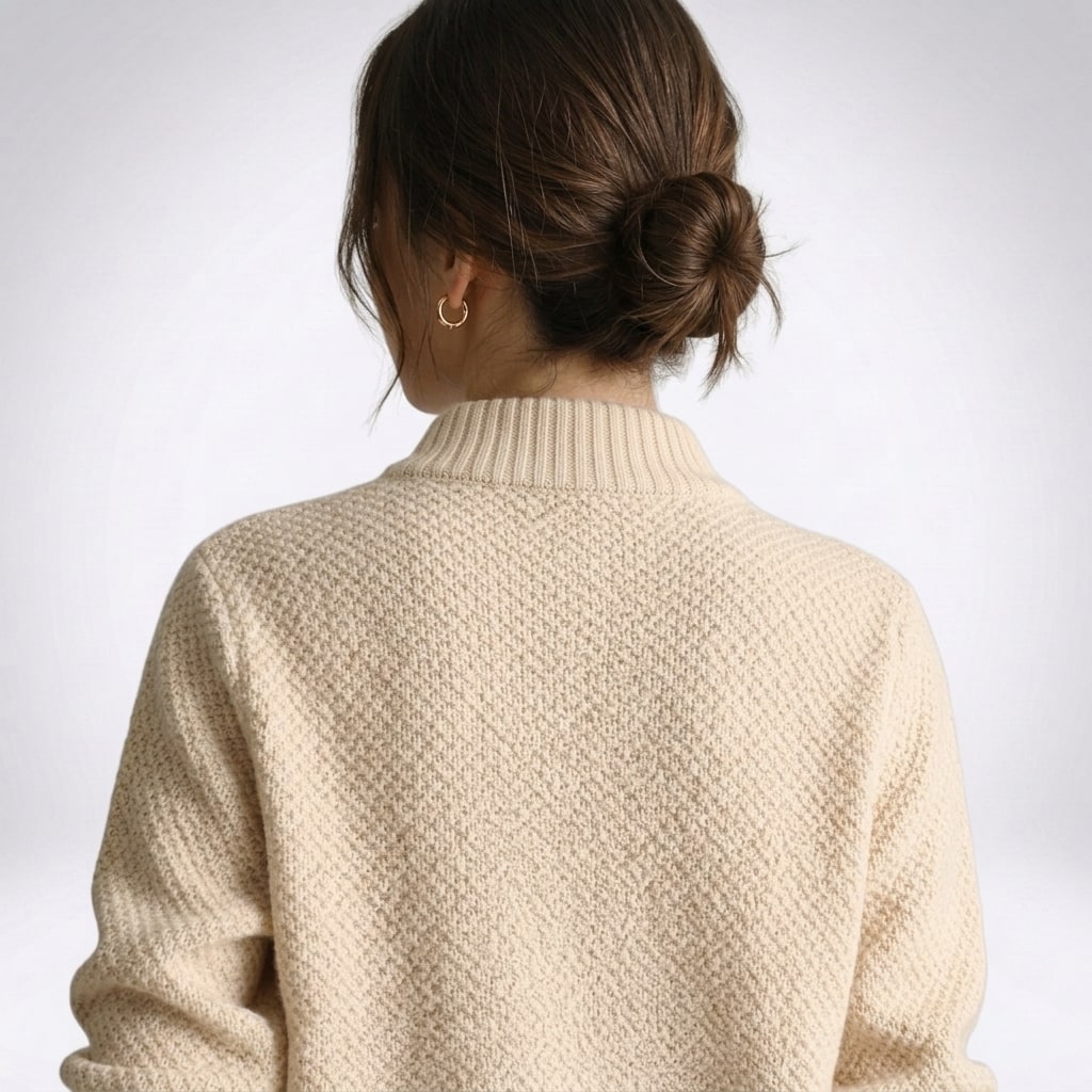 Close-up of the stand collar and moss-stitch texture on the back of the beige cardigan