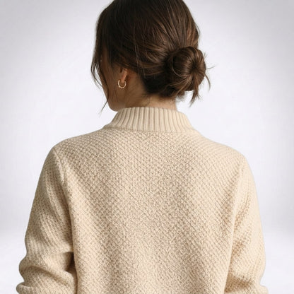 Close-up of the stand collar and moss-stitch texture on the back of the beige cardigan