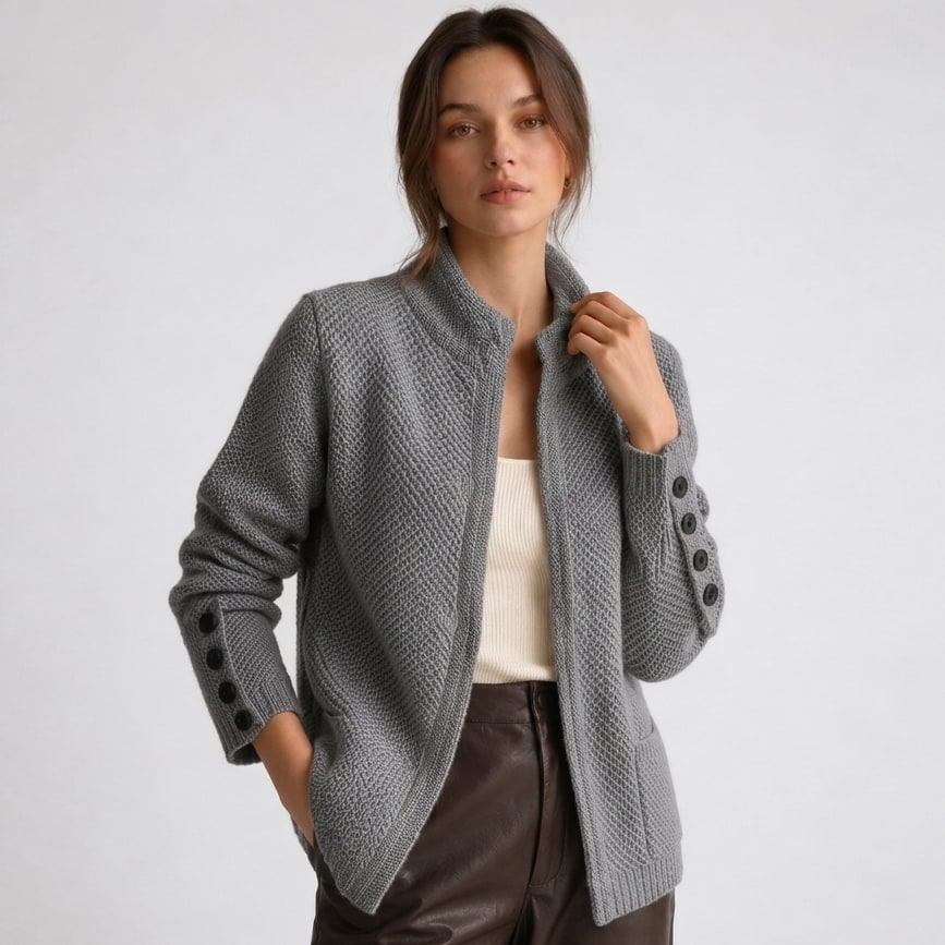Woman wearing the grey textured knit button cardigan with stand collar