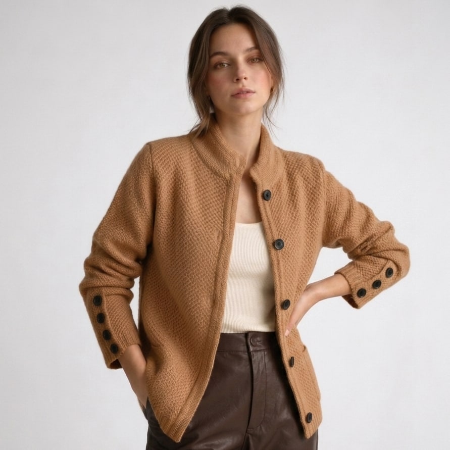 Woman wearing the brown textured knit button cardigan with buttoned cuffs