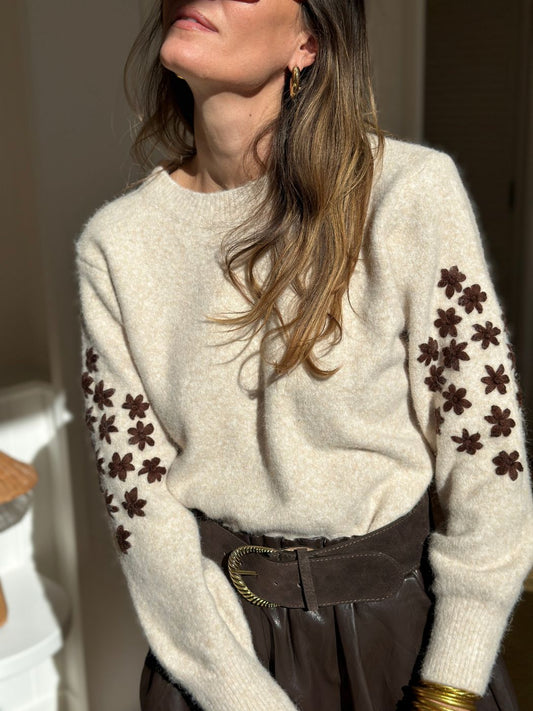Teya Knit Sweater in Beige and Brown - worn by a model, front view
