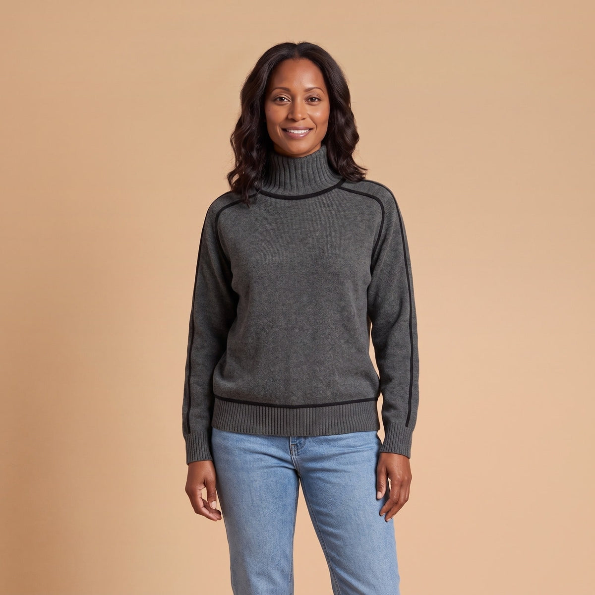Turtleneck Sweater with Contrast Piping, Relaxed Knit Jumper 1
