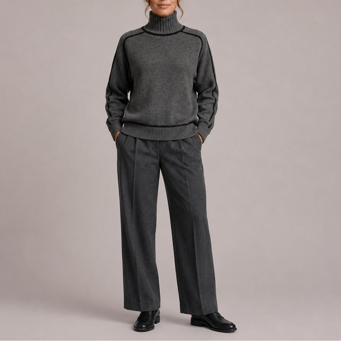 Turtleneck Sweater with Contrast Piping, Relaxed Knit Jumper 2