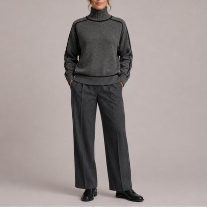Turtleneck Sweater with Contrast Piping, Relaxed Knit Jumper 2