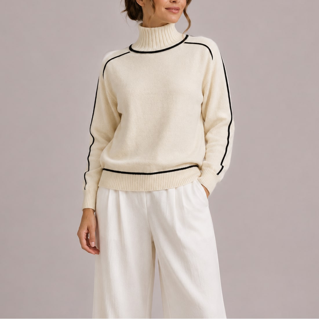 Turtleneck Sweater with Contrast Piping, Relaxed Knit Jumper 3