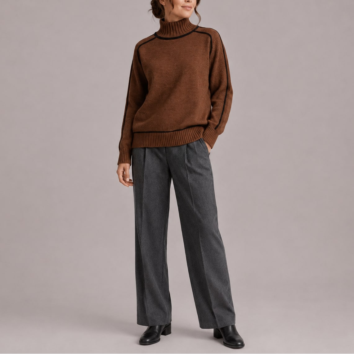 Turtleneck Sweater with Contrast Piping, Relaxed Knit Jumper 4