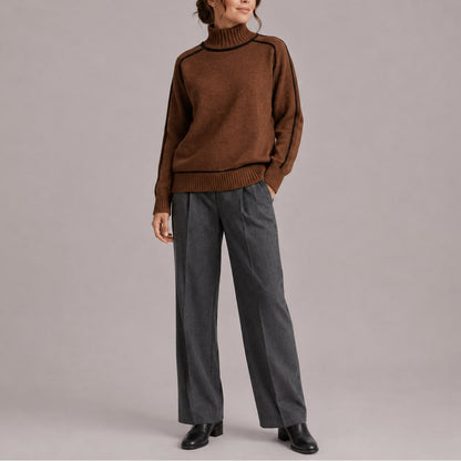 Turtleneck Sweater with Contrast Piping, Relaxed Knit Jumper 4