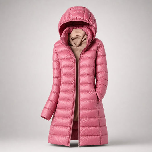 Pink long ultralight down jacket with hood 1
