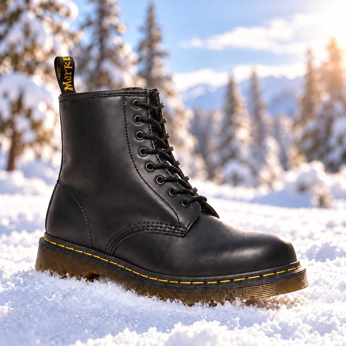 Black genuine leather lace-up boots with yellow stitching in the snow 1