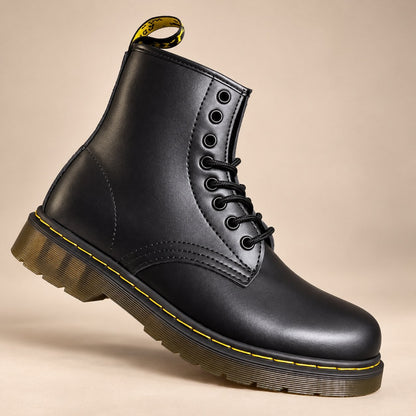 Black lace-up boot, side view with yellow stitching 3